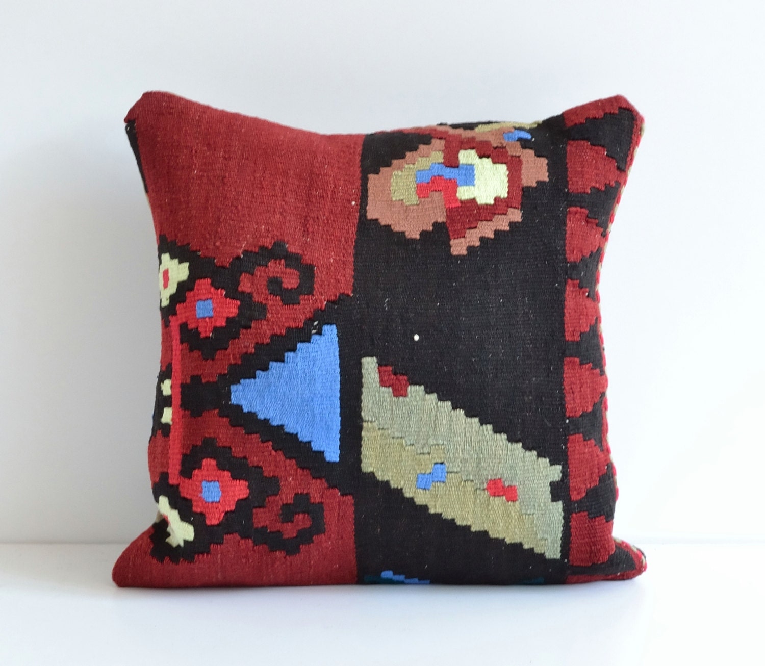 Red Handwoven Kilim Cushion Cover - Vintage Tribal Unique Handwoven Decorative Kilim Pillow Cover - 16x16 Pillow Throw
