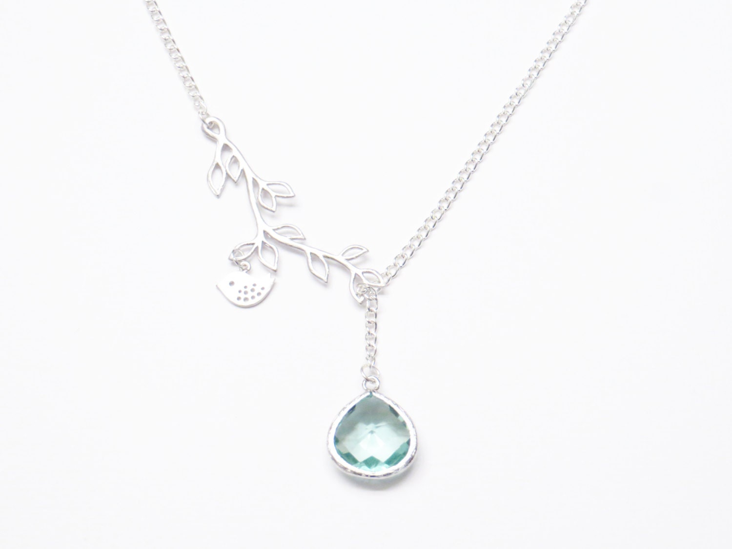 Silver Branch and Bird Lariat Necklace, Turquoise Bezel Glass, Gift for Mom, Gift for Her, Gift for Best Friends, Bridal Necklace, Gift Idea