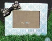 Custom Designed Damask Picture Frame / Wood / Bow / Twine / Black, White, and Turqoise/ 4X6