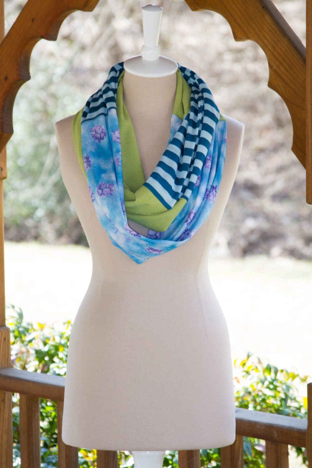 Floral Colorblocked Infinity Scarf - Blue Stripes Floral Green Prints - Women's Spring/Summer Fashion Accessory
