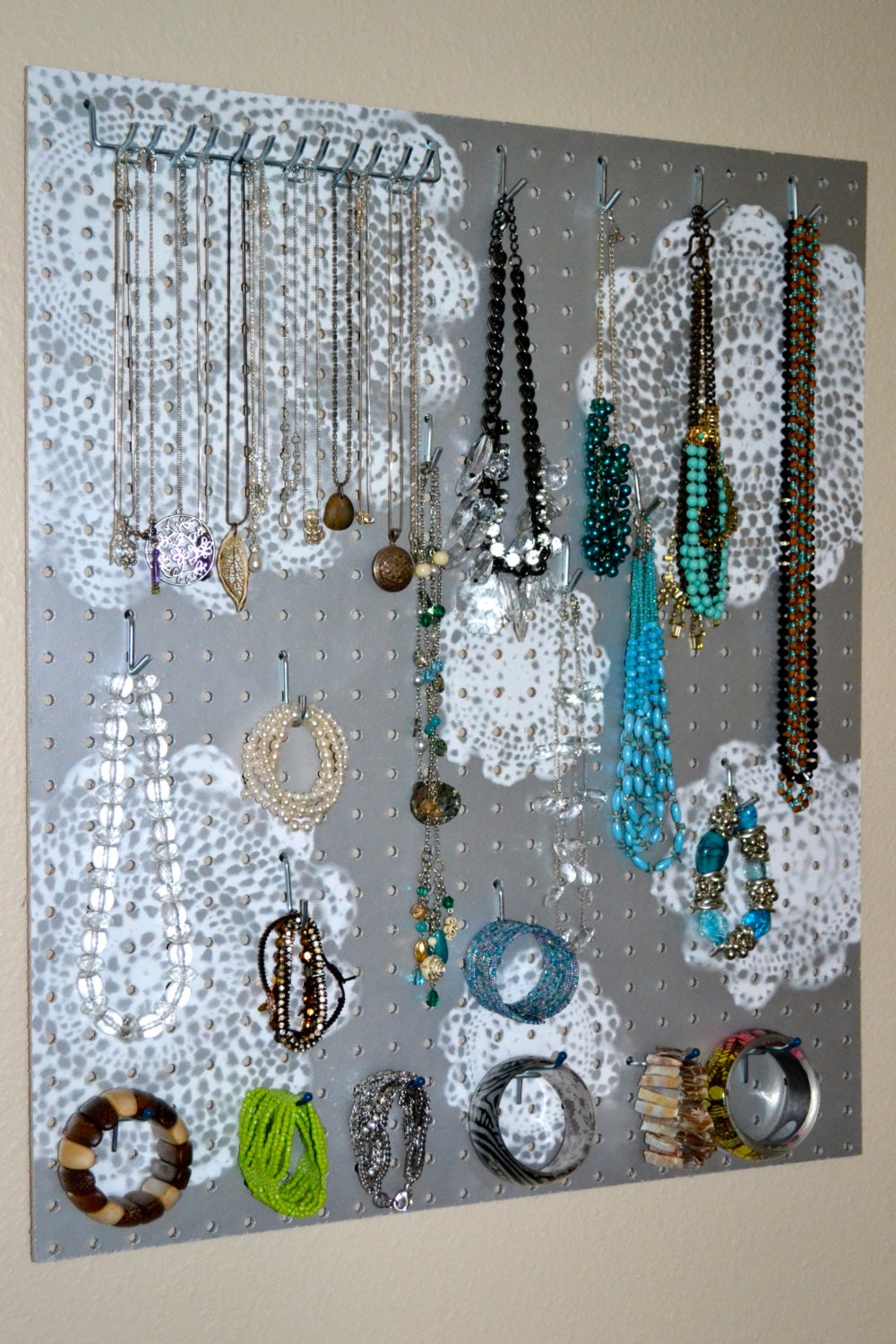 Jewelry Organizer Wall Display, Jewelry Holder, Custom, Hand Painted, Silver