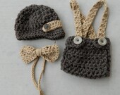 Handmade, Crochet brown and Tan Newsboy outfit, Newborn Boy photo prop, Suspender Diaper Hat, Bow Tie and Newsboy Newborn Hat