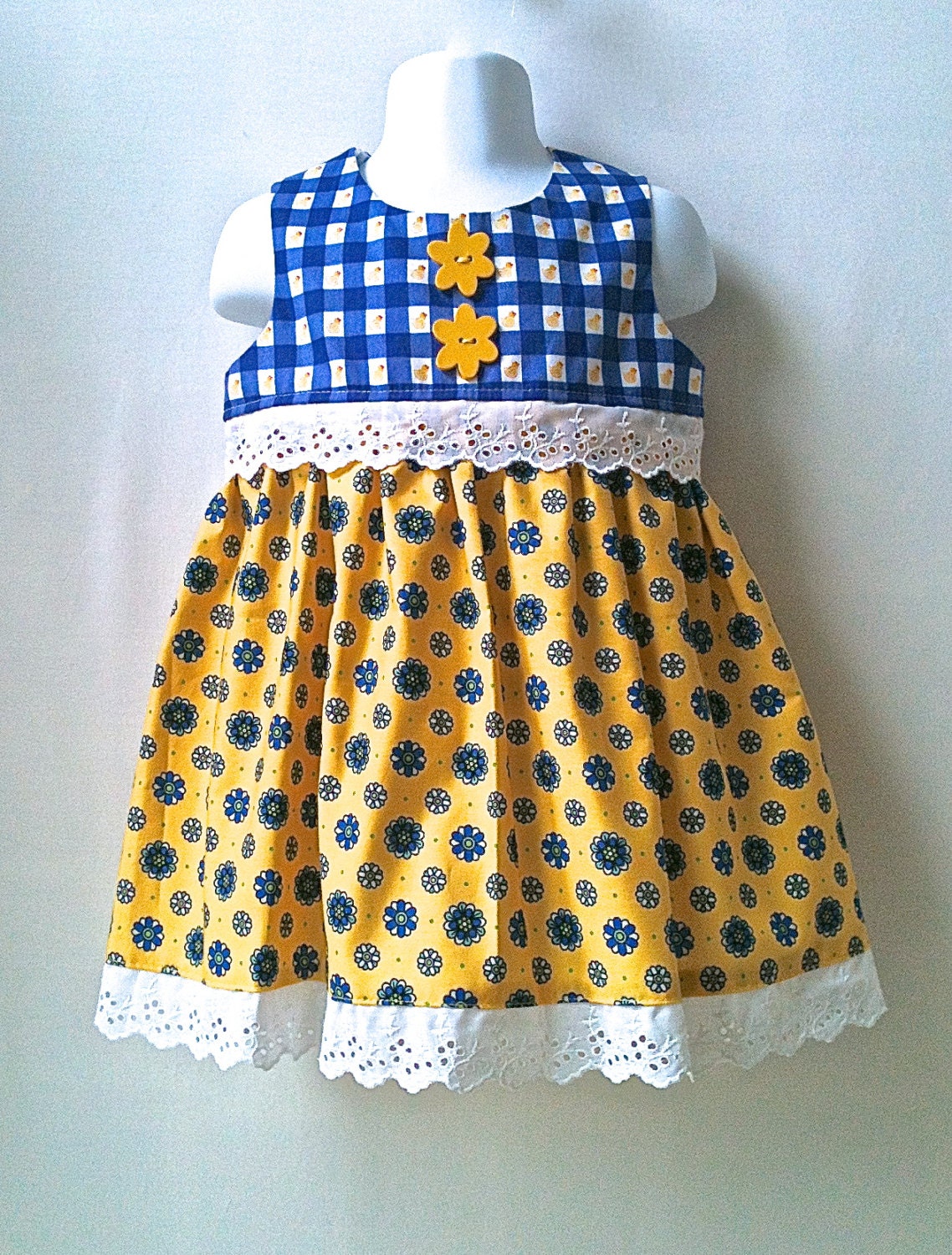 Toddlers Dress  2t Blue and Yellow Cotton Upcycled OOAK by 8th Day Studio