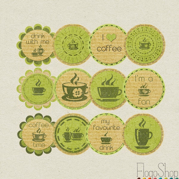 Coffee cupcake toppers / Printable DIY party decoration / Scrapbook stickers, buttons, magnets, favor tags, circles / green brown Il_170x135