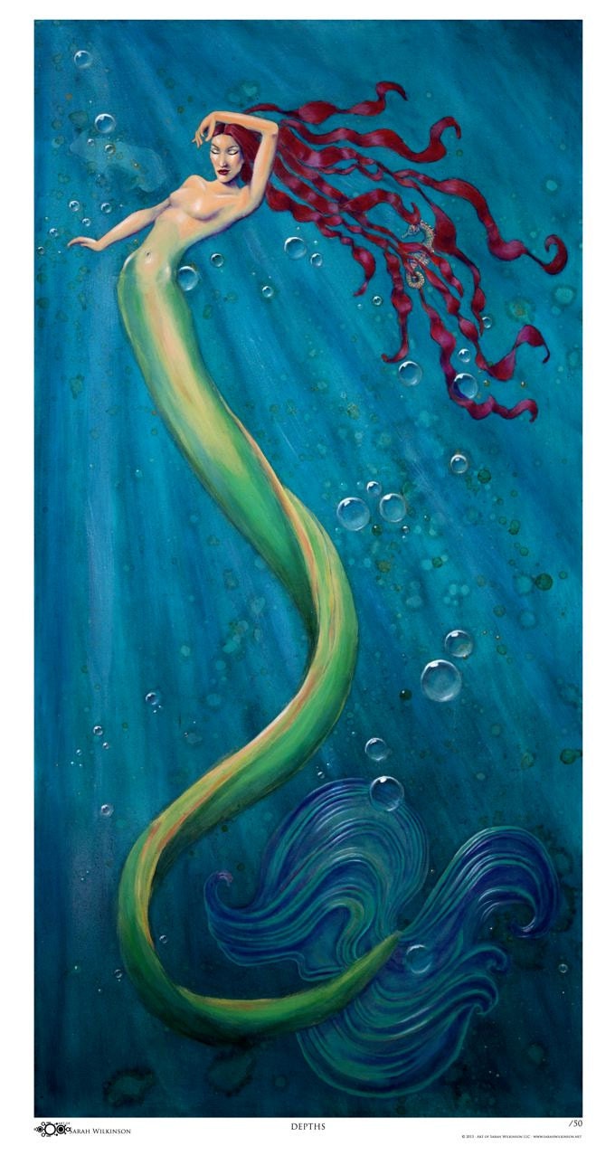 Art print by Sarah Wilkinson, "Depths" Oil painting, mermaid, bubbles, crazy long tail, love
