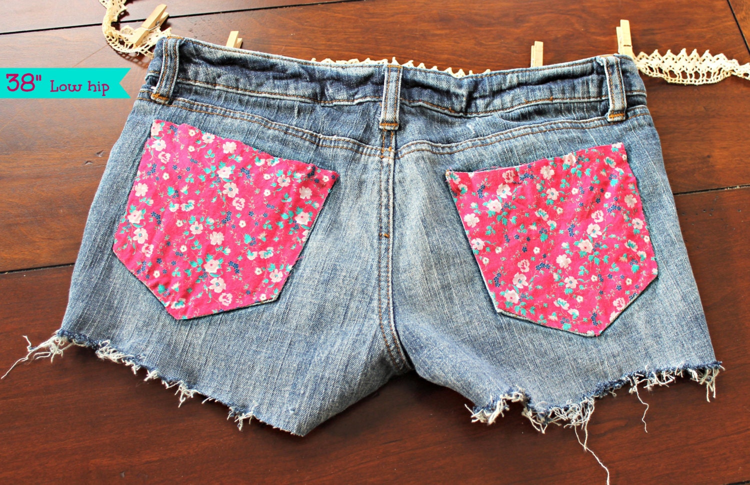 Size 3/4 Low 38" Waisted Cutoffs - Pink Floral Pockets, Dark Denim Wash