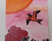 Acrylic on canvas, sparrow soaring above abstract flowers. Hues of red, orange and pink. Huge 18x20 inches.