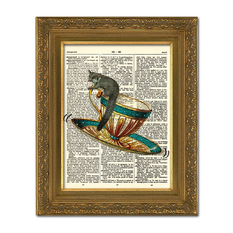 Australian Possum Print Flying saucer Tea cup vintage dictionary teacup opossum illustration Upcycled Artwork Book Art Page