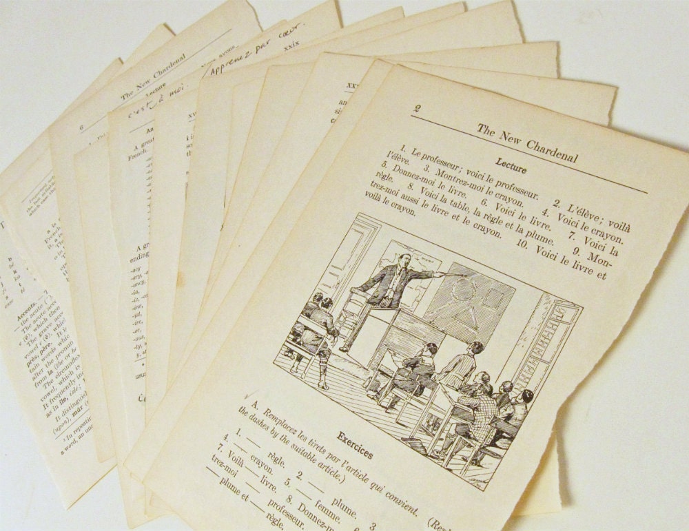 vintage French book pages - collage - scrapbook - mixed media - art journaling - ACEO - paper craft