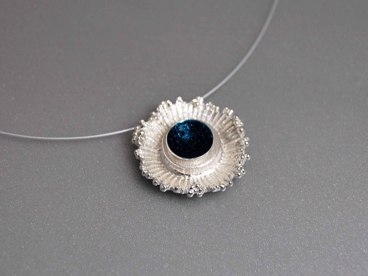 Sea Flower Modern Statement Pendant Teal Blue Druzy Sparkling Enamel Resin Abstract Flower Organic Form Sterling Silver Gift for Mothers Day