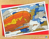 Zeppelin- Greeting Card- Large Card- Any Occasion Blank Card- Flying Card- Mosaic Card- Blimp Card- Industrial Card- Steampunk Card