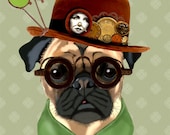 Steampunk Pug 14x11 in Bowler Hat Art Print Digital Illustration Mixed Media Original Painting Wall Decor dog wall art pug picture