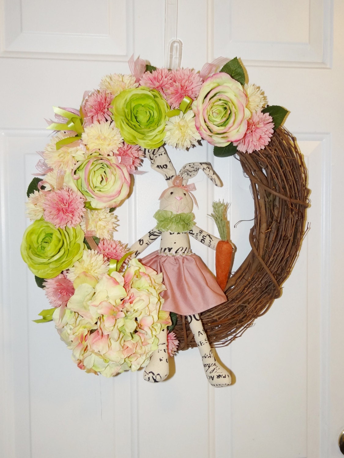 Easter wreath , pink and green with Bunny. Spring grapevine wreath