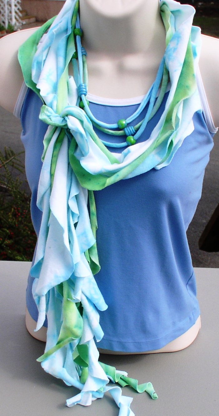 Infinity scarf, "MERMAID", Scarf and Necklace SET, T-shirt, aqua, blue, green, solar up-cycled, Ruffle Scarf & Necklace Set