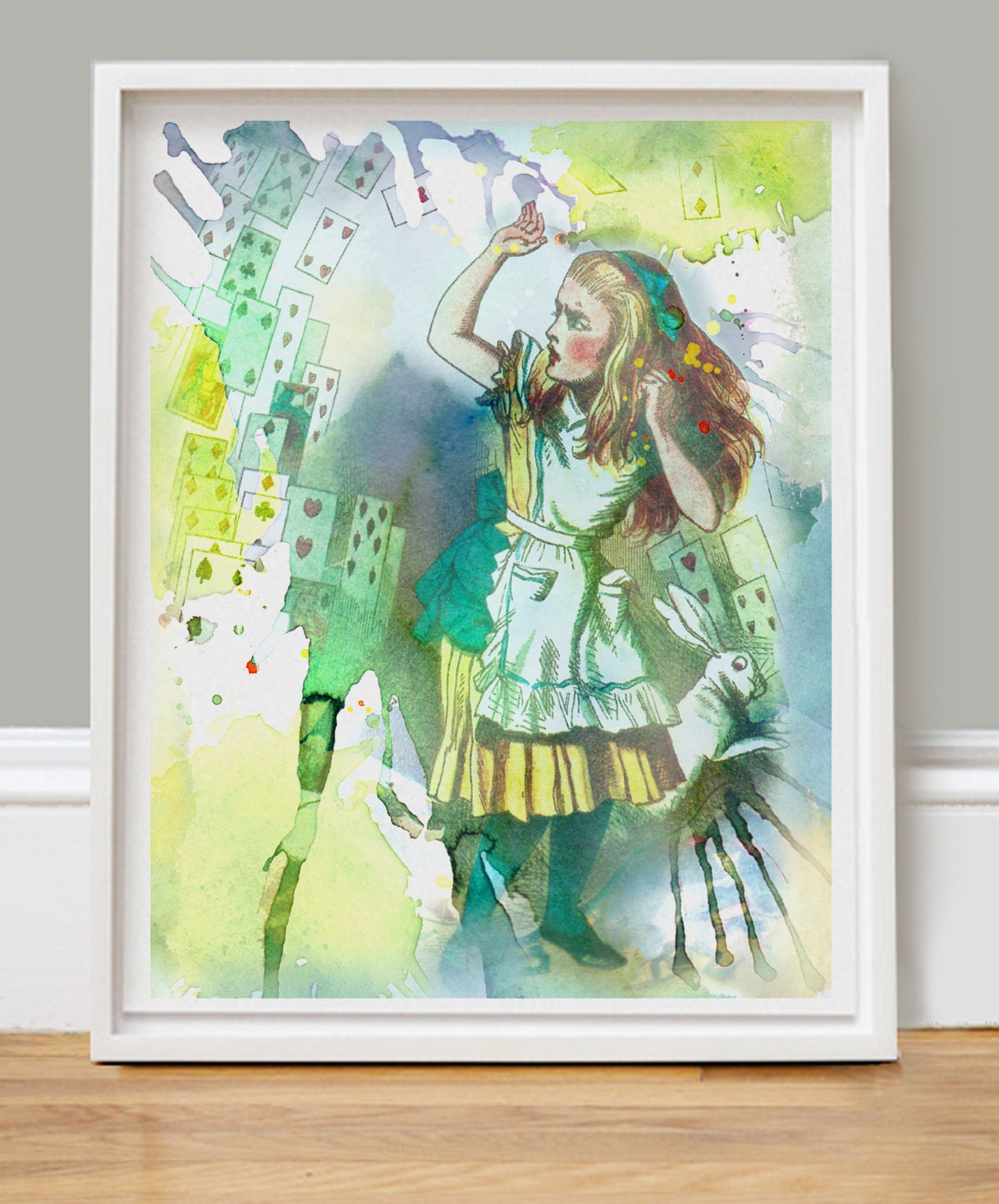 Alice in Wonderland - Art  Print - Fairytale Art  - watercolor, green, blue - 11x14