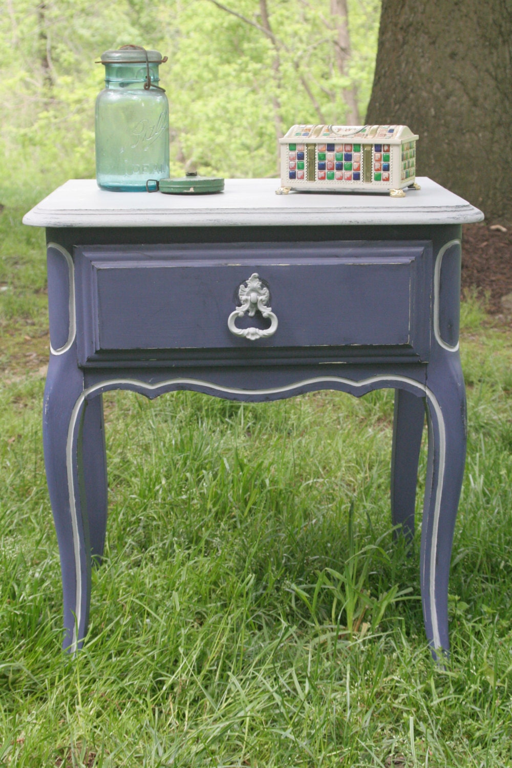 Vintage Upcycled Purple Blue End Table Nightstand