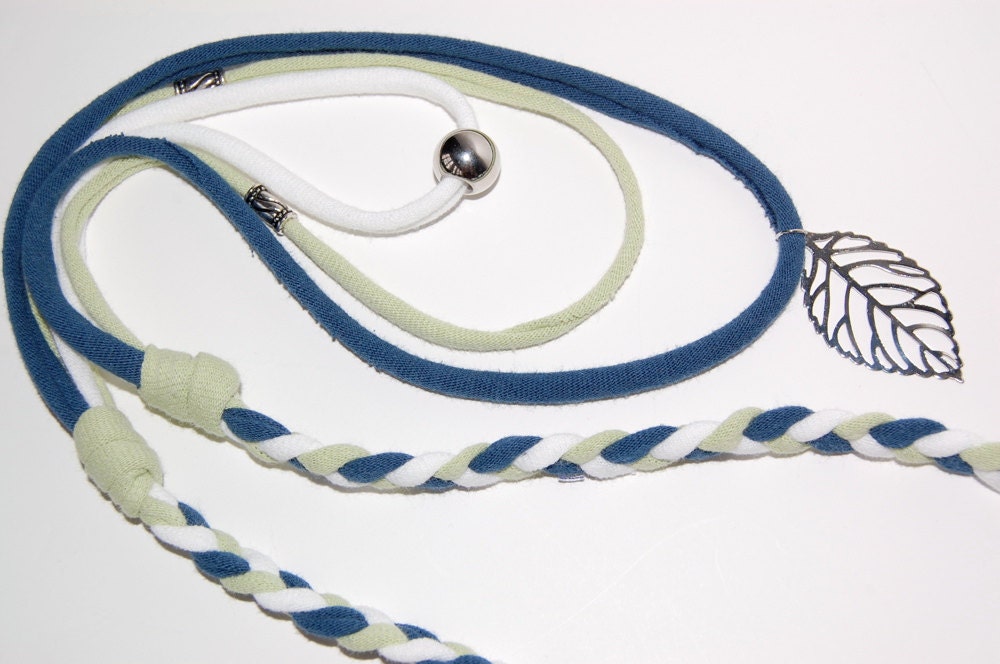 Tri Color 3 Loop Braided Loop Necklace with Silver Metal Leaf Pendant and Beads