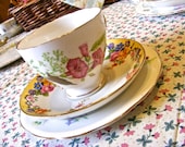 Mismatched Tea Set / Tea Trio of English Bone China in Bright Florals - Tea Cup, Saucer, and Dessert Plate - Shabby Chic Tea Party