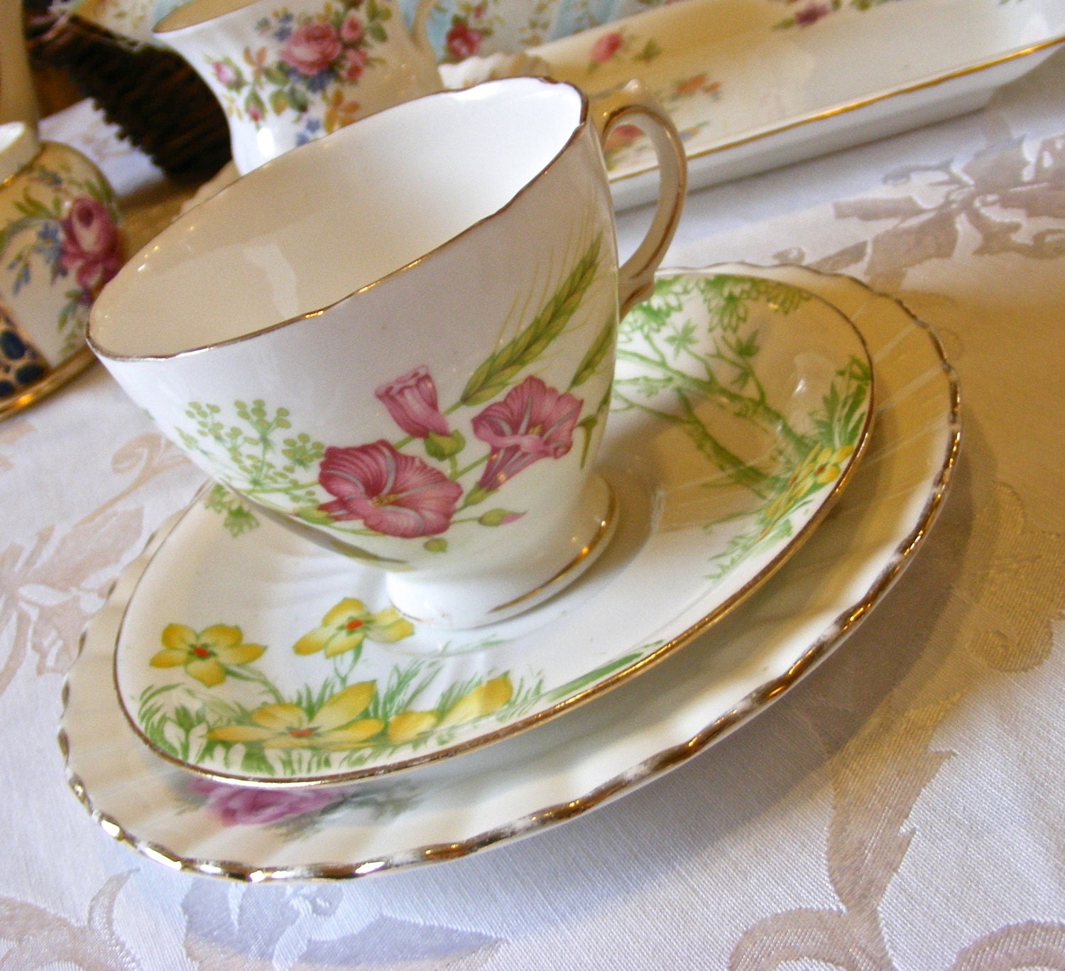 Mismatched Tea Set / Tea Trio of English Bone China in Bright Florals - Tea Cup, Saucer, and Dessert Plate for a Shabby Chic Wedding