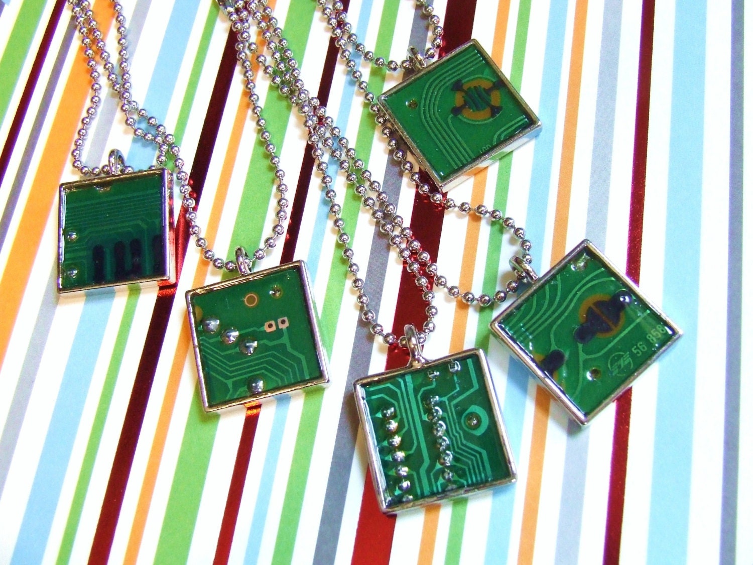 ONE - Computer Circuit Board Necklace - Geekery Computer Nerd - Green Upcycle Recycle Repurpose - Ball Chain Necklace - Ballchain Necklace