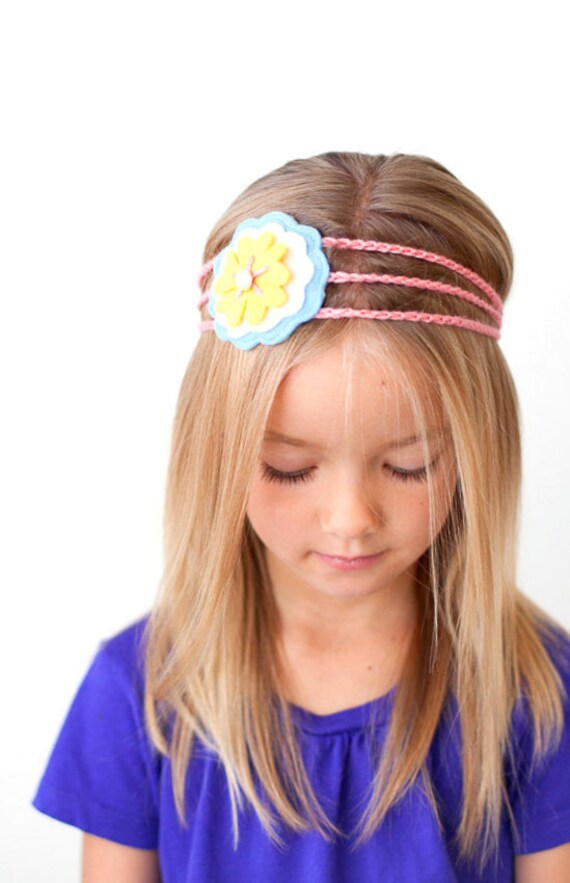 Wool Felt Flower Headband - Girls Felt Floral Headband - Blue, Cream, Yellow, Pink, Flower Headband - Girls Crochet Headband
