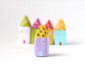 Little Home No 386 - Little clay house - light purple house with yellow roof and blue flowers