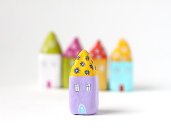 Little Home No 386 - Little clay house - light purple house with yellow roof and blue flowers