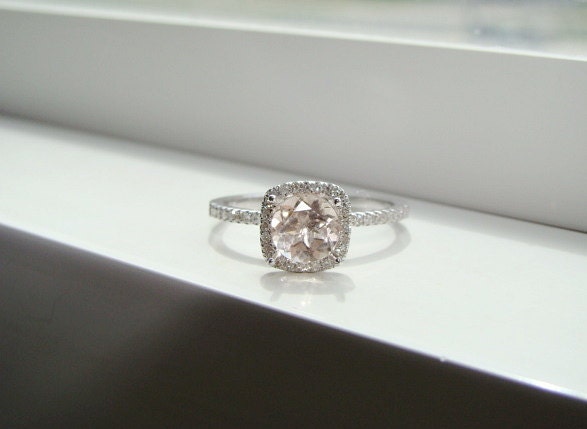 Halo Morganite Diamond Ring Gemstone Engagement Ring Custom Peach Pink Cushion Round Halo Setting 14K White Gold size