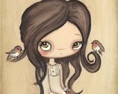 Robin Painting Girl Bird Wall Art---Original Painting 5 x 7