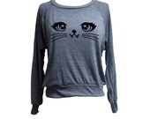 CAT Sweater - Kitty Vampire Face Raglan Sweatshirt - (Available in Ladies sizes S, M, L,)