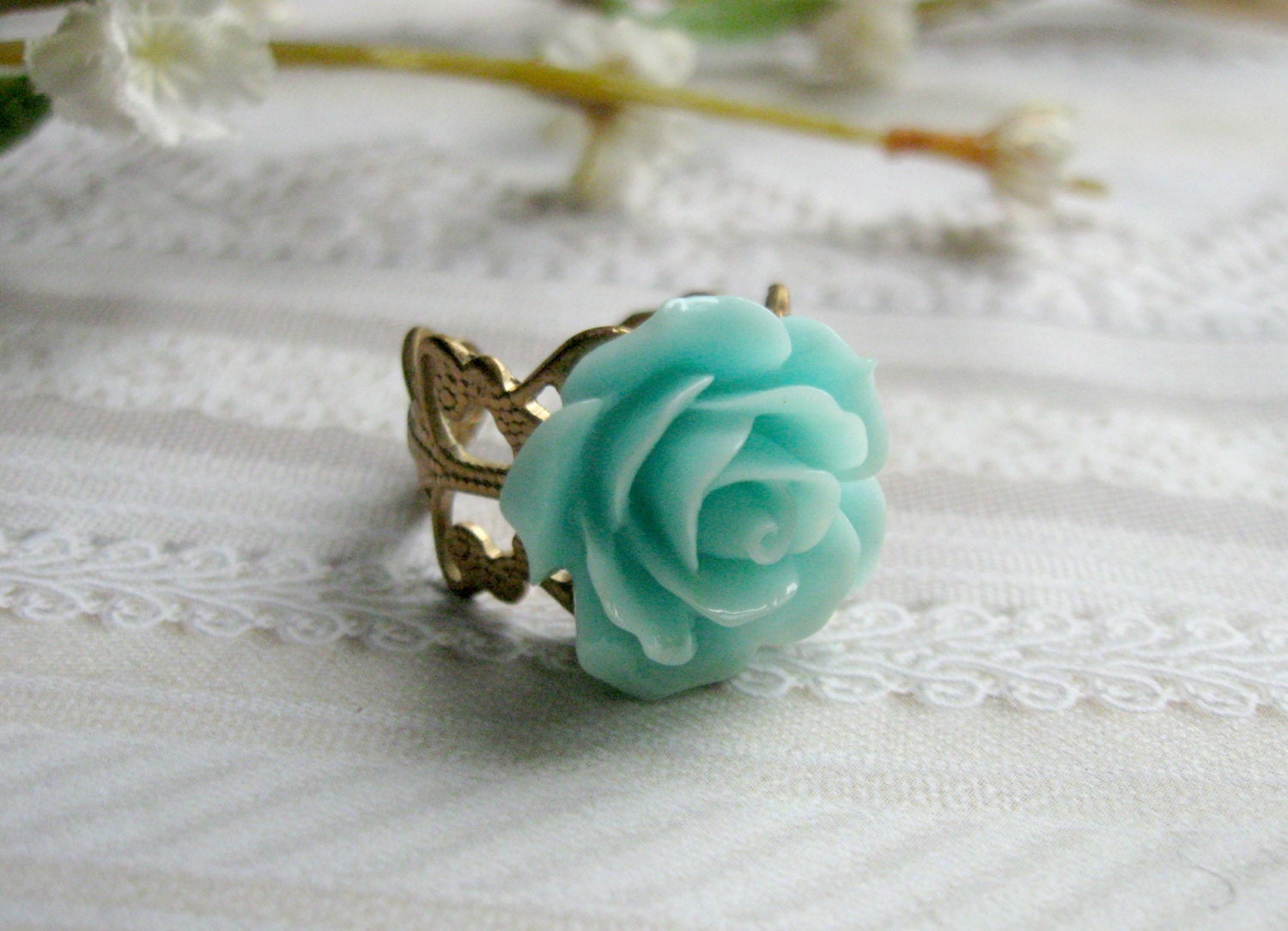 Vintage rose ring, aqua blue - shabby chic - solid brass ring band