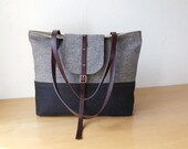 2-Tone Tote in Herringbone Wool and Leather // Charcoal Gray // Organic Cotton Canvas Lining