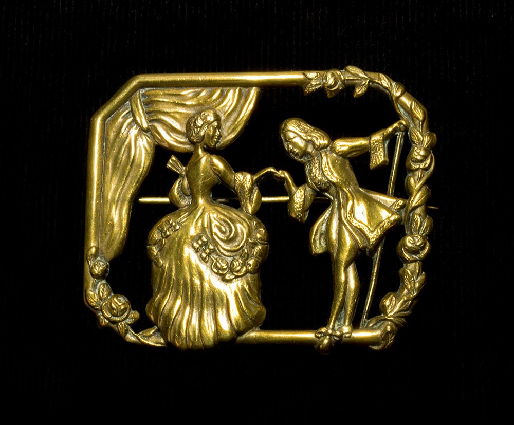 Art Deco Brass Brooch -18th Cent Figures- Courting Couple - Romantic- 1920s-1930s