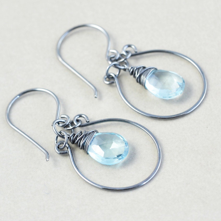 Blue Topaz Hoop Earrings, Oxidized Silver Earrings, December Birthstone Jewelry