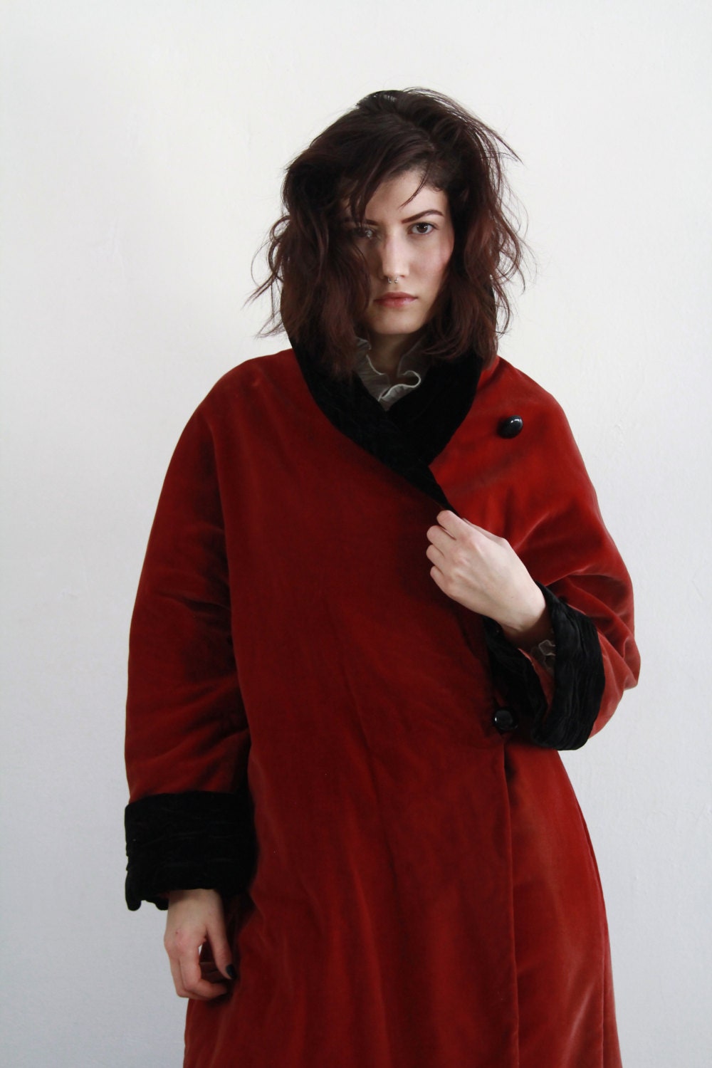 Red Riding Coat . Antique Edwardian Velvet Jacket . Red and Black  Museum Quality. Winter