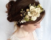 woodland wedding headpiece, cream flower, champagne wedding, green bridal flower hair wreath - ANDALASIA - rustic bridal hair accessories