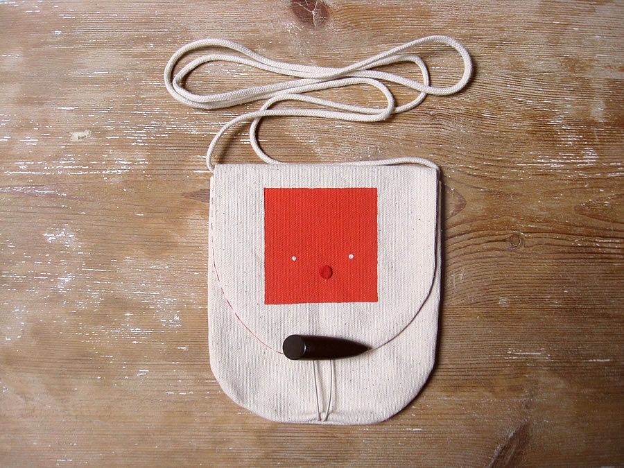 Crossbody Shoulder Sling Bag purse. Hand printed white natural cotton canvas small pouch style bag with faux horn button. Red Square.