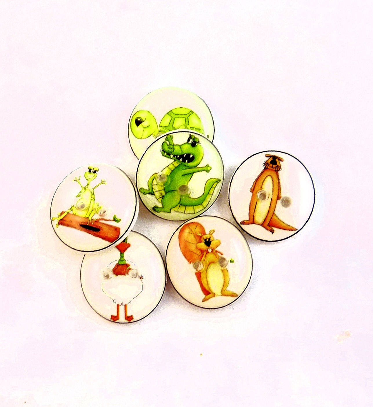 Pond Animal Buttons. 6 SMALL Sewing Buttons.  Beaver, Duck, Frog, Otter, Alligator. Handmade Buttons.