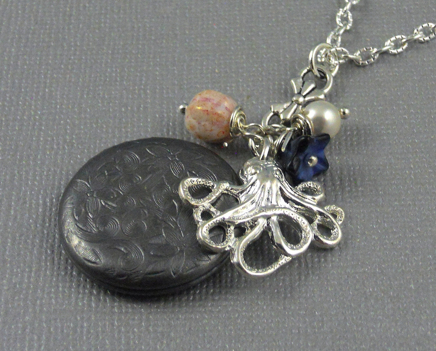 Sapphire Ocean Silver Lobster Locket, Gunmetal Swarovski Pearl, Pink Topaz Locket- MARINA