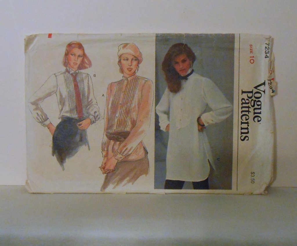 Women's Pullover Tunic or Blouse Loose Fitting Size 10 Vintage Vogue 7234 Sewing Pattern