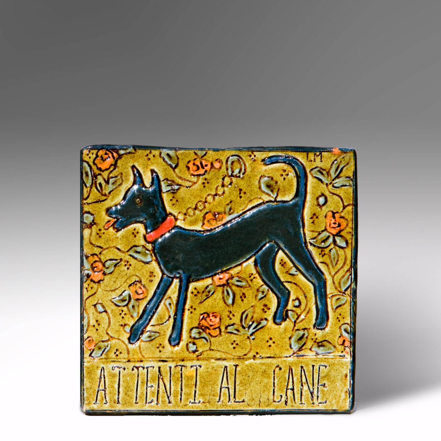 Slip Decorated Ceramic Picture Tile - Attenti Al Carne, Yellow.