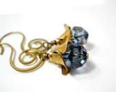 Brass Crystal Swirl Earrings, Montana Blue Crystal, Vintage Brass Petal Caps and Swirled Earwires, Victorian Inspired, Spring Fashion