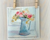 Flowers in pitcher watercolor still life painting print, pink peonies 6x6 fine art print from original painting by Cathie Carlson