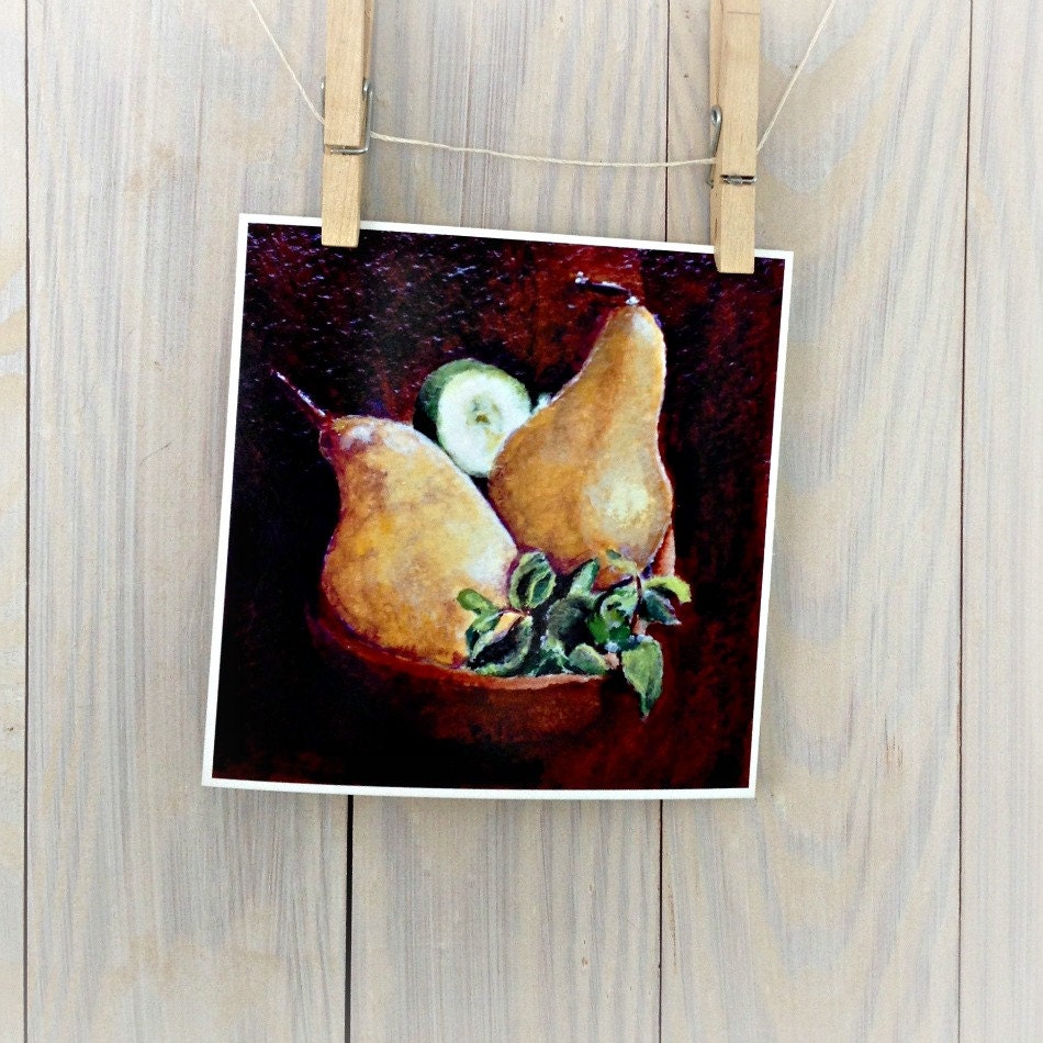 Golden pears still life painting print, fine art kitchen decor from original painting, 6x6 reproduction by Cathie Carlson