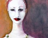 Acrylic Painting Print The New Necklace Surreal Face Womans Portrait Print White Face Orange and Purple Background