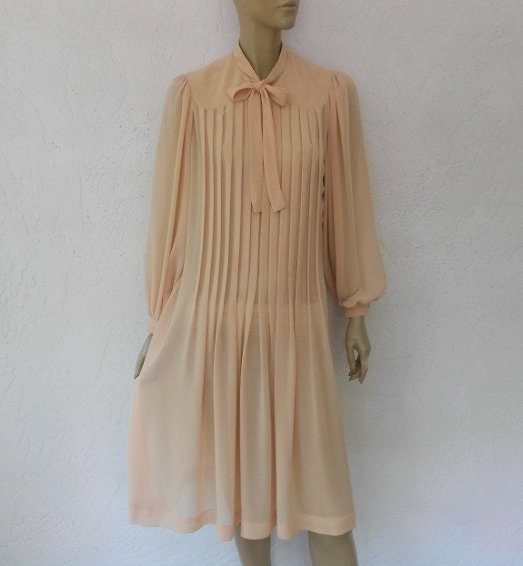 Vintage Designer Dress, 80's ALBERT NIPON Pin Tucked Pussy Bow  Dress, Beautiful Sheer Designer Ascot Dress