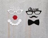 Groom and Bride Glasses Photo Booth Prop Set. Photo Booth Props. Mustaches and Lips. Set of 6.