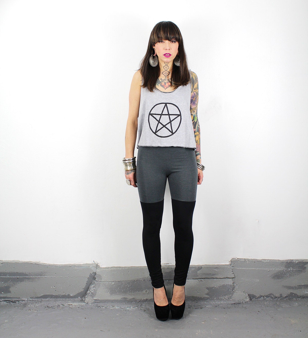 Two Toned Faux Thigh-High Leggings Black and Grey MADE To ORDER