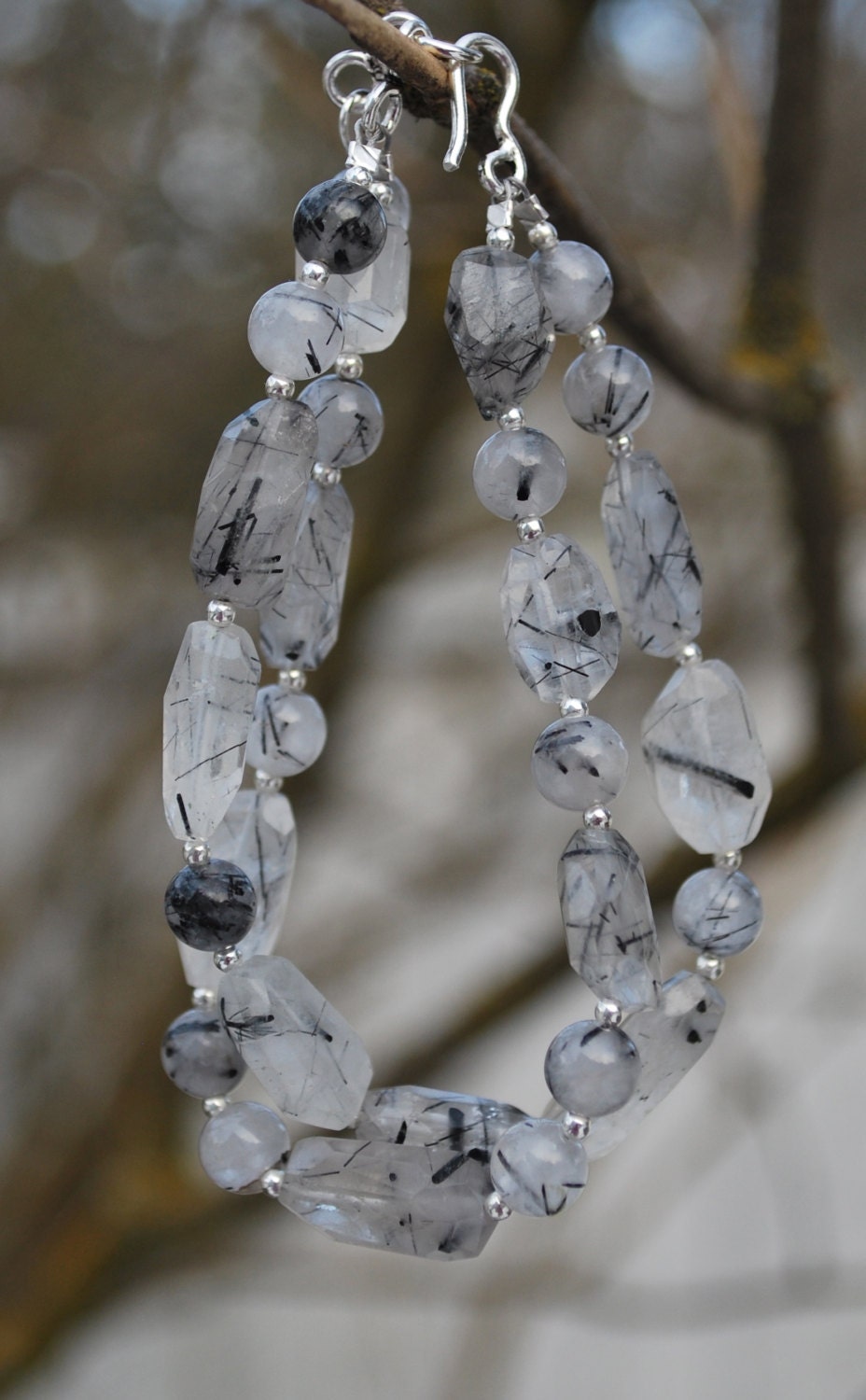 Tourmalated Quartz Double Strand Chunky Bracelet with Sterling Silver