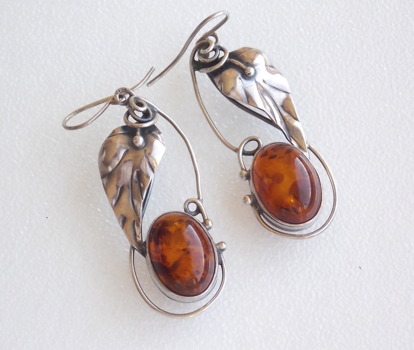 Genuine Baltic Amber Earrings Sterling, Art Nouveau style 1970s